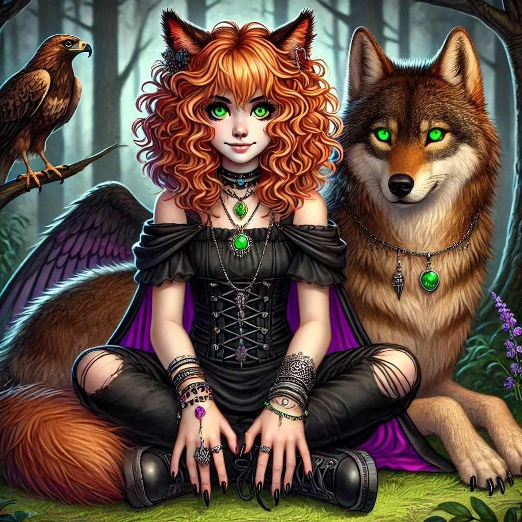 A witch sits in front of a wolf in a forest.