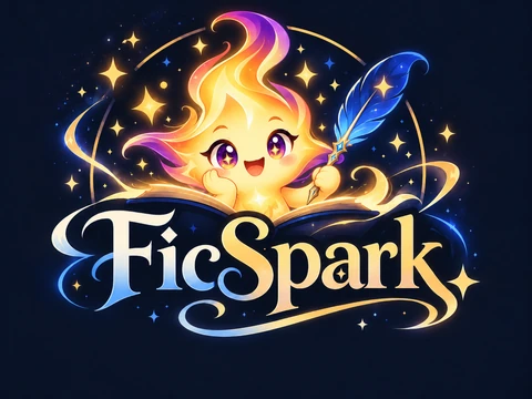 FicSpark: Spark the mascot holding a quill over an open book